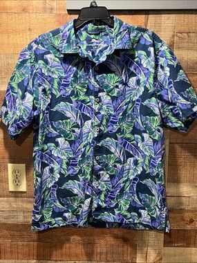 Tommy Bahama Navy Tropical Leaf Print Button-Down Shirt men's large